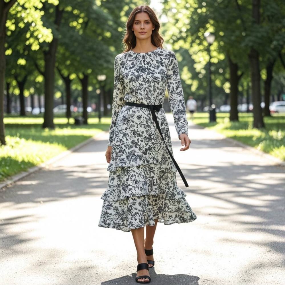 Jason Wu Floral Tiered Midi Dress Long Sleeve Dark Cottagecore Modern Prairie 6